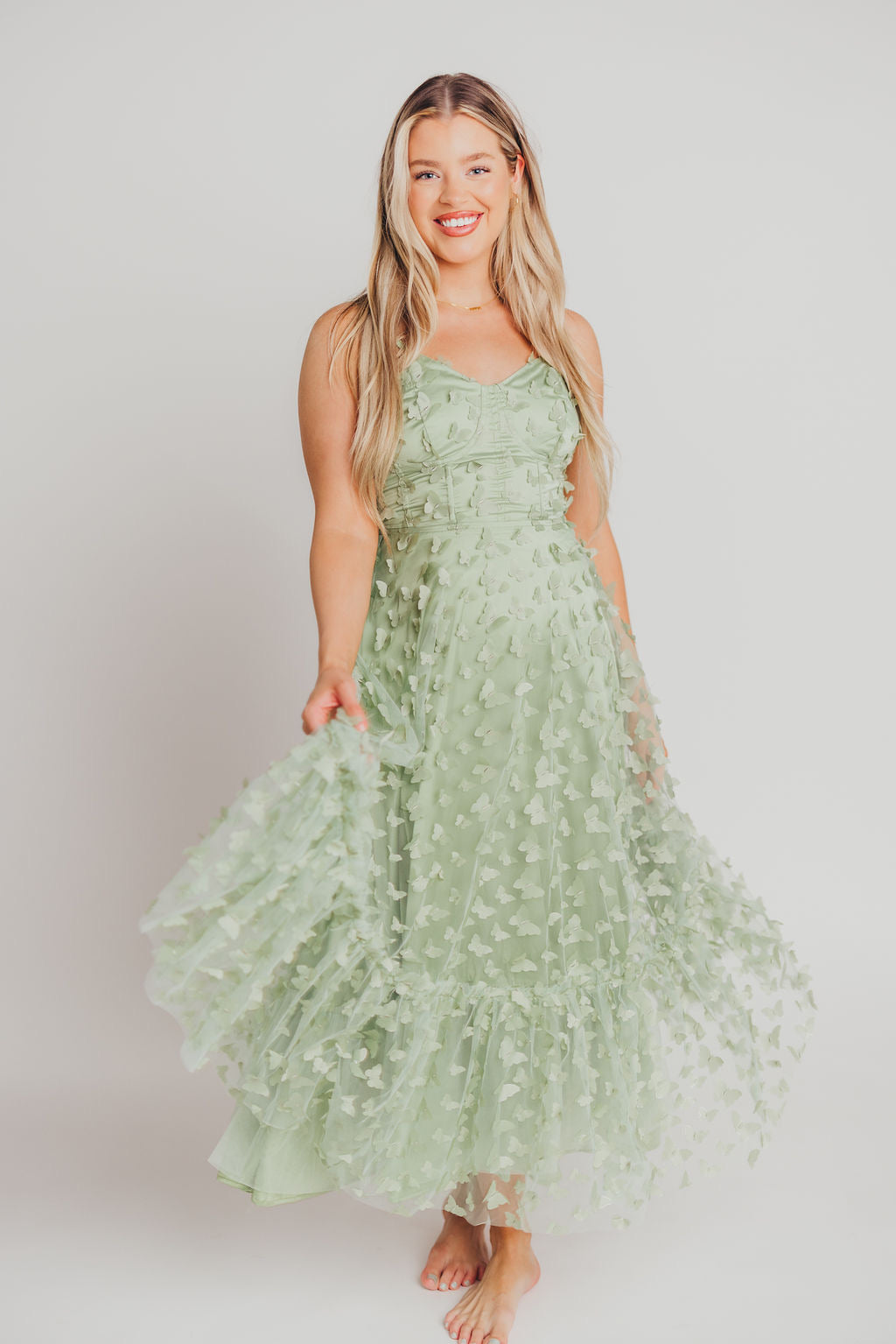 Reagan Butterfly Bustier Midi Dress in Sage