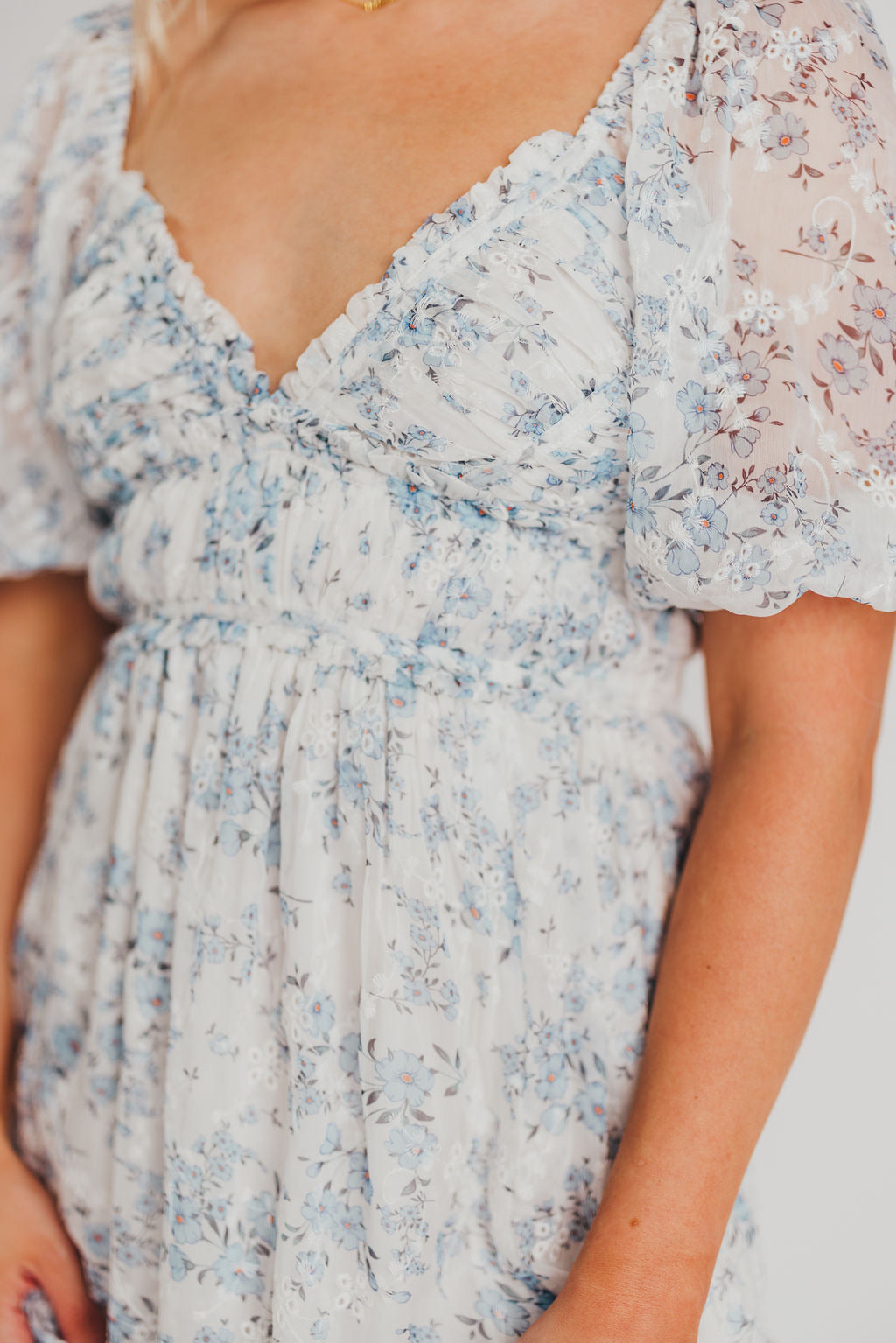 Daphne High Slit Eyelet Detail Maxi Dress in Blue and White Floral - Bump Friendly ✨SALE DRESS OF THE WEEK $20 OFF✨ Inclusive Sizing (S-3XL)