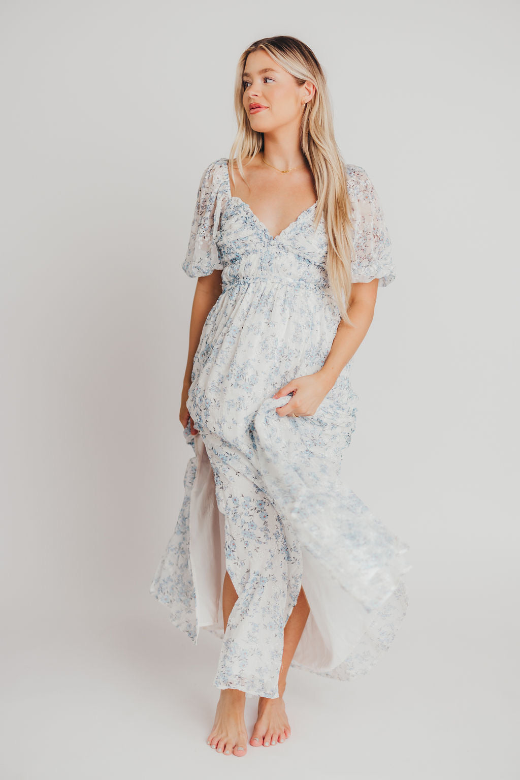 Daphne High Slit Eyelet Detail Maxi Dress in Blue and White Floral - Bump Friendly ✨SALE DRESS OF THE WEEK $20 OFF✨ Inclusive Sizing (S-3XL)