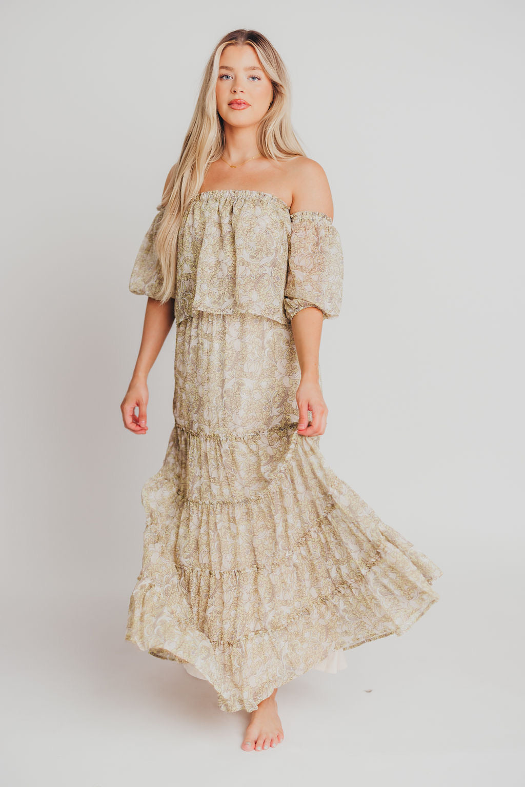 Vilde Off-the-Shoulder Maxi Dress in Lemon/Off White - Bump Friendly