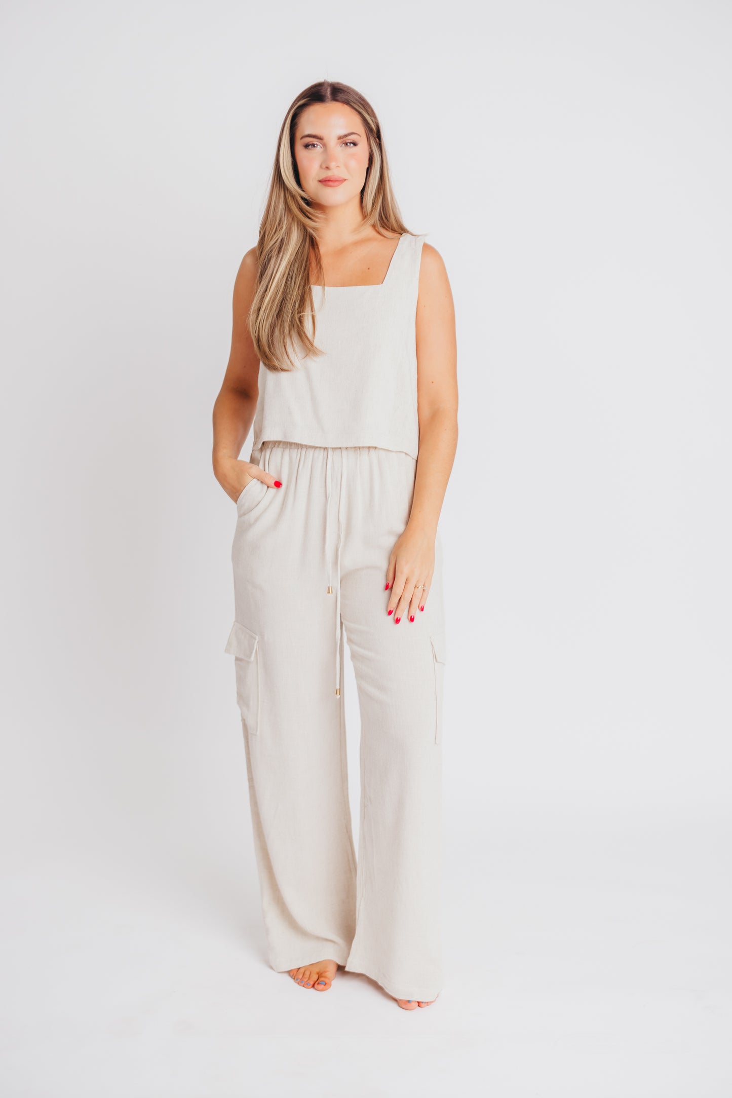 Flynn Linen Blend Wide Leg Cargo Pant in Natural