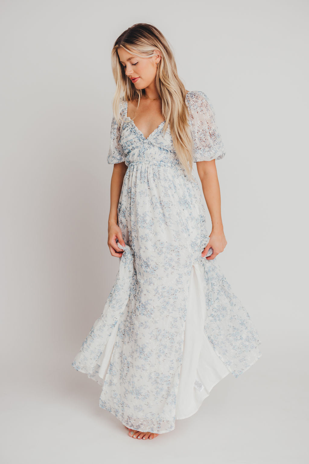 Daphne High Slit Eyelet Detail Maxi Dress in Blue and White Floral - Bump Friendly ✨SALE DRESS OF THE WEEK $20 OFF✨ Inclusive Sizing (S-3XL)