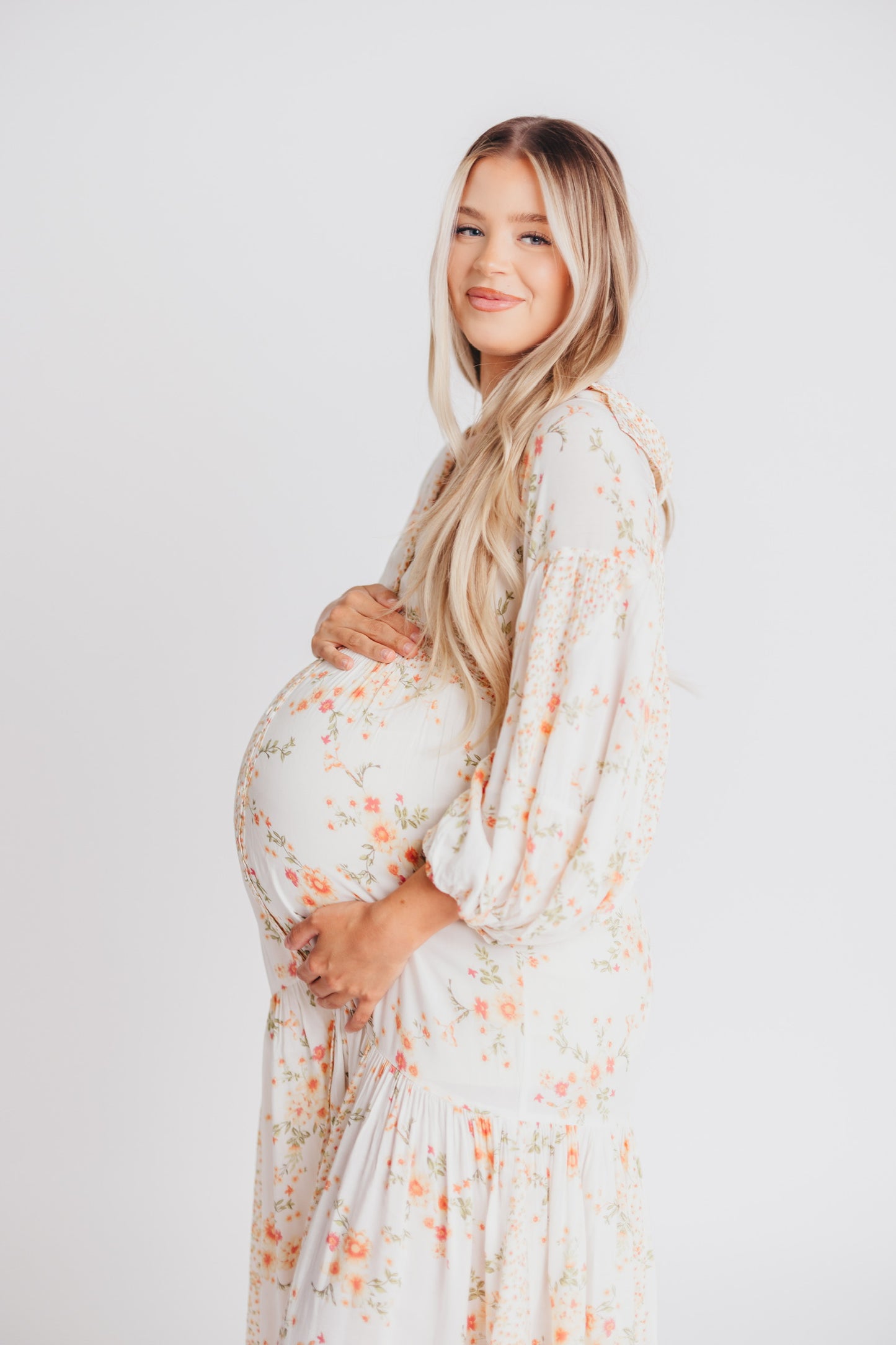 Madeline Button-Up Maxi Dress in Natural/Peach - Bump and Nursing Friendly