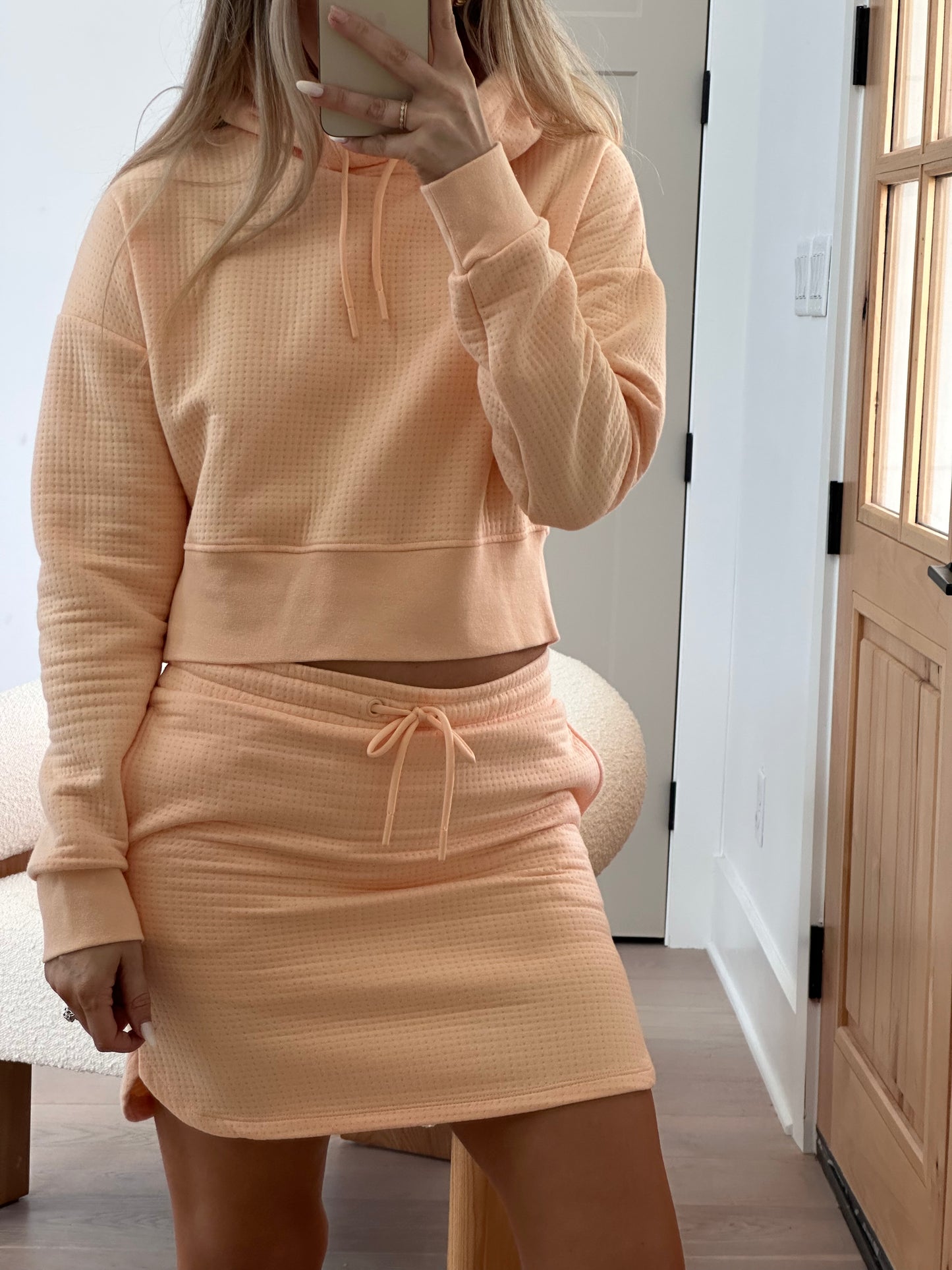 Jace Quilted Cropped Hoodie & Skirt Set in Peach