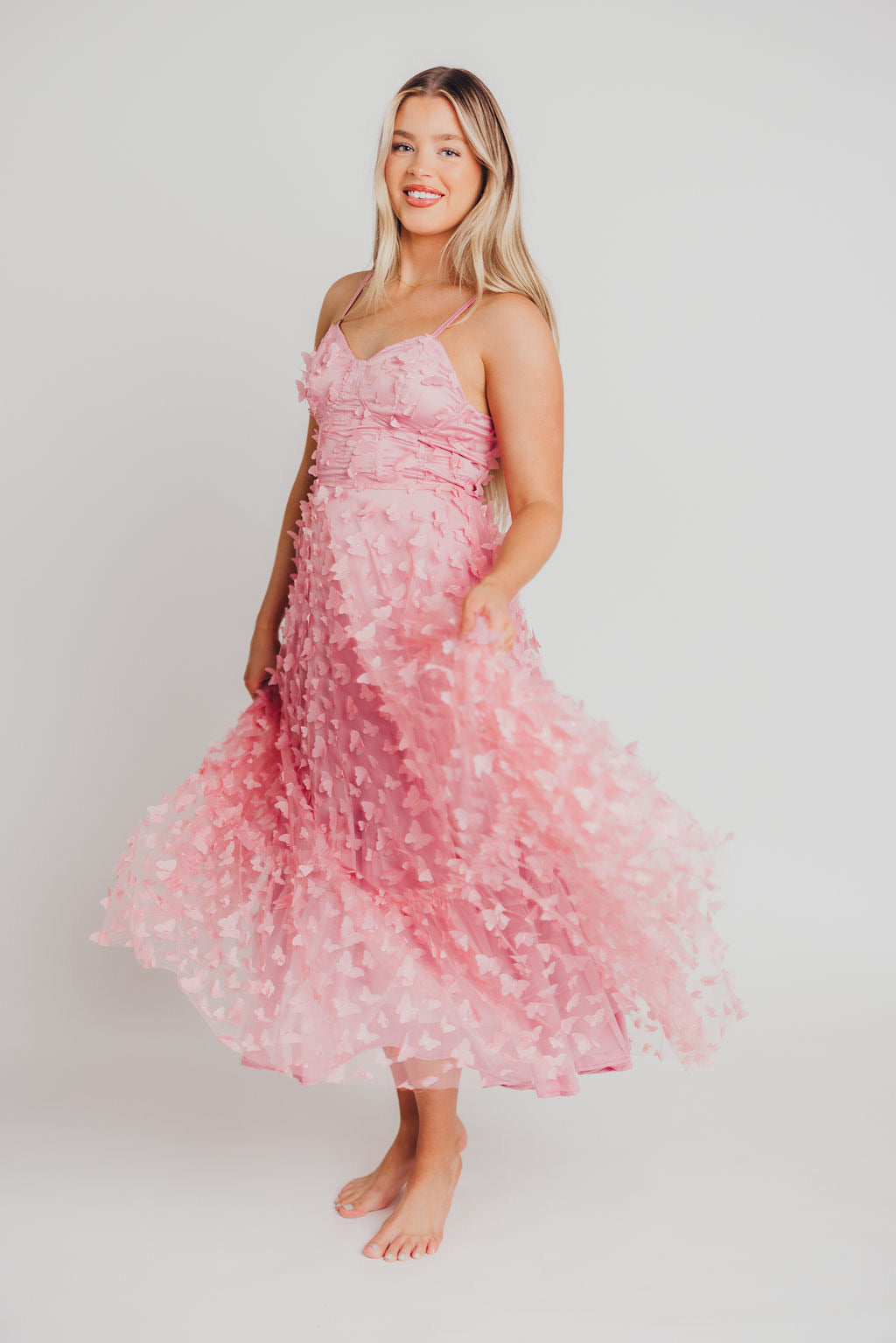 Reagan Butterfly Bustier Midi Dress in Pink - Bump Friendly