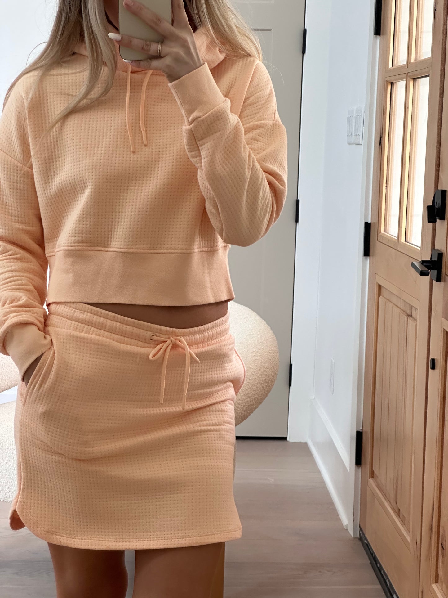 Jace Quilted Cropped Hoodie & Skirt Set in Peach