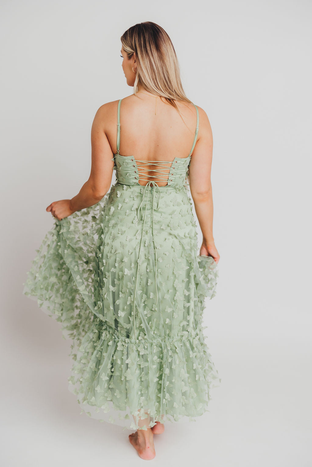 Reagan Butterfly Bustier Midi Dress in Sage