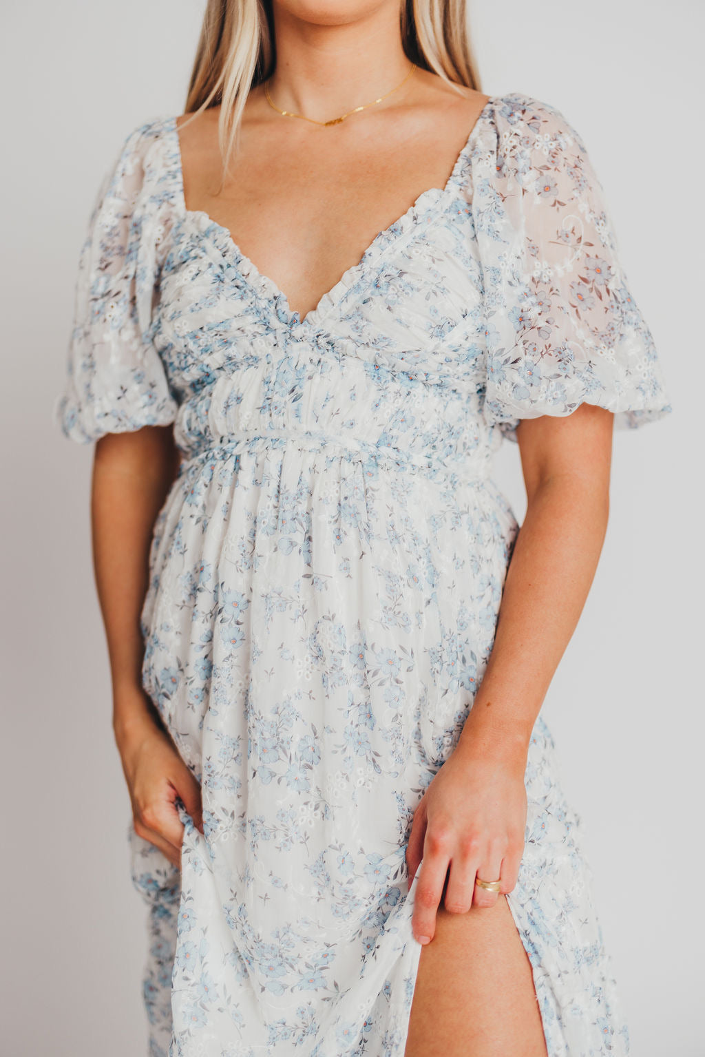 Daphne High Slit Eyelet Detail Maxi Dress in Blue and White Floral - Bump Friendly ✨SALE DRESS OF THE WEEK $20 OFF✨ Inclusive Sizing (S-3XL)