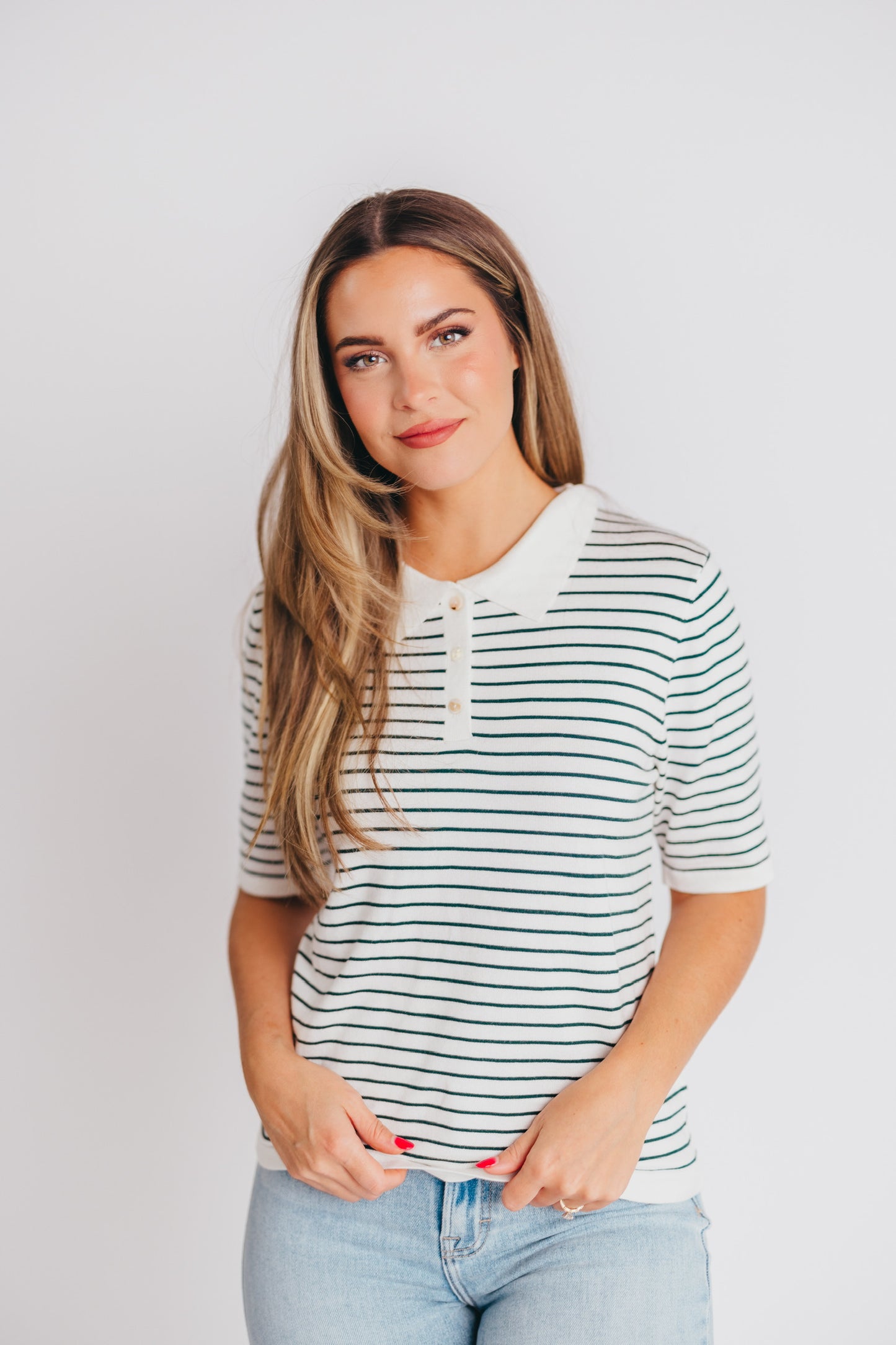 Rickie Striped Collared Shirt in Hunter Green/White