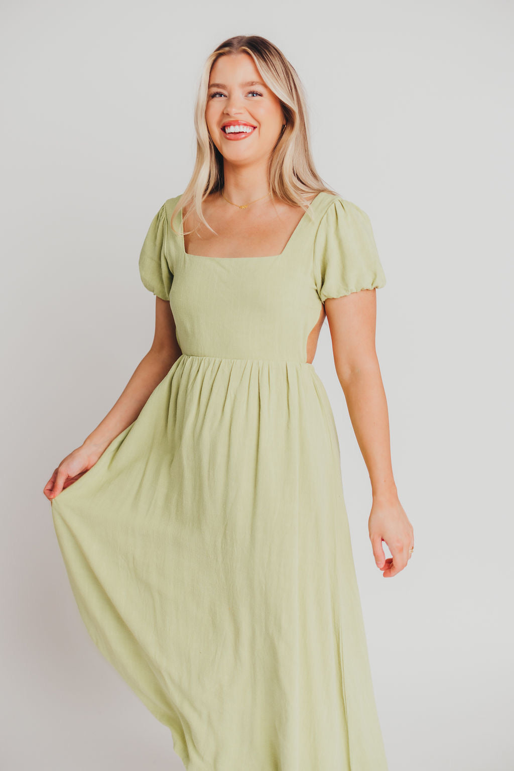 August Open Back Dress in Avocado - Bump Friendly