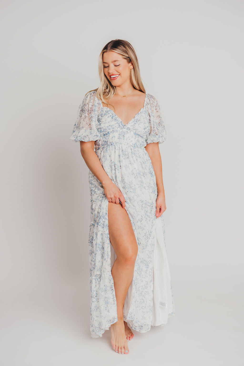 Daphne High Slit Eyelet Detail Maxi Dress in Blue and White Floral - Bump Friendly ✨SALE DRESS OF THE WEEK $20 OFF✨ Inclusive Sizing (S-3XL)