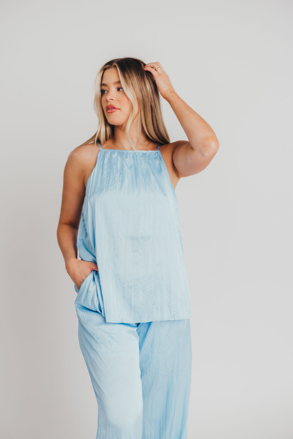 Fraser Pleated Satin Tank in Light Blue