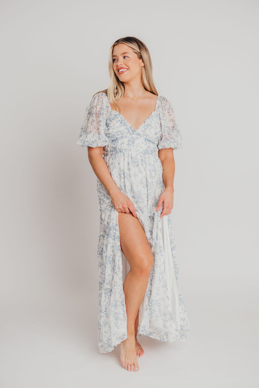 Daphne High Slit Eyelet Detail Maxi Dress in Blue and White Floral - Bump Friendly ✨SALE DRESS OF THE WEEK $20 OFF✨ Inclusive Sizing (S-3XL)