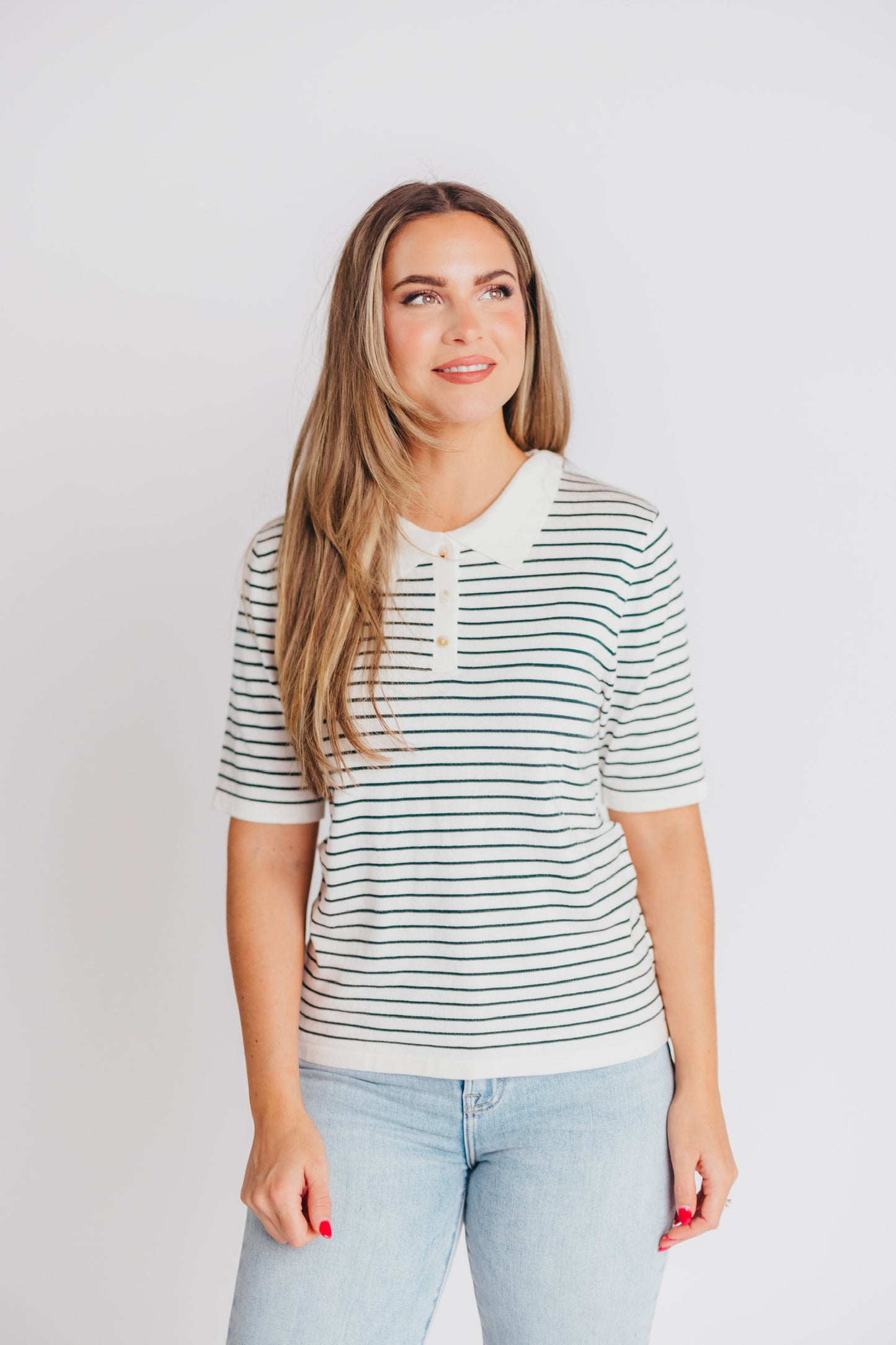 Rickie Striped Collared Shirt in Hunter Green/White