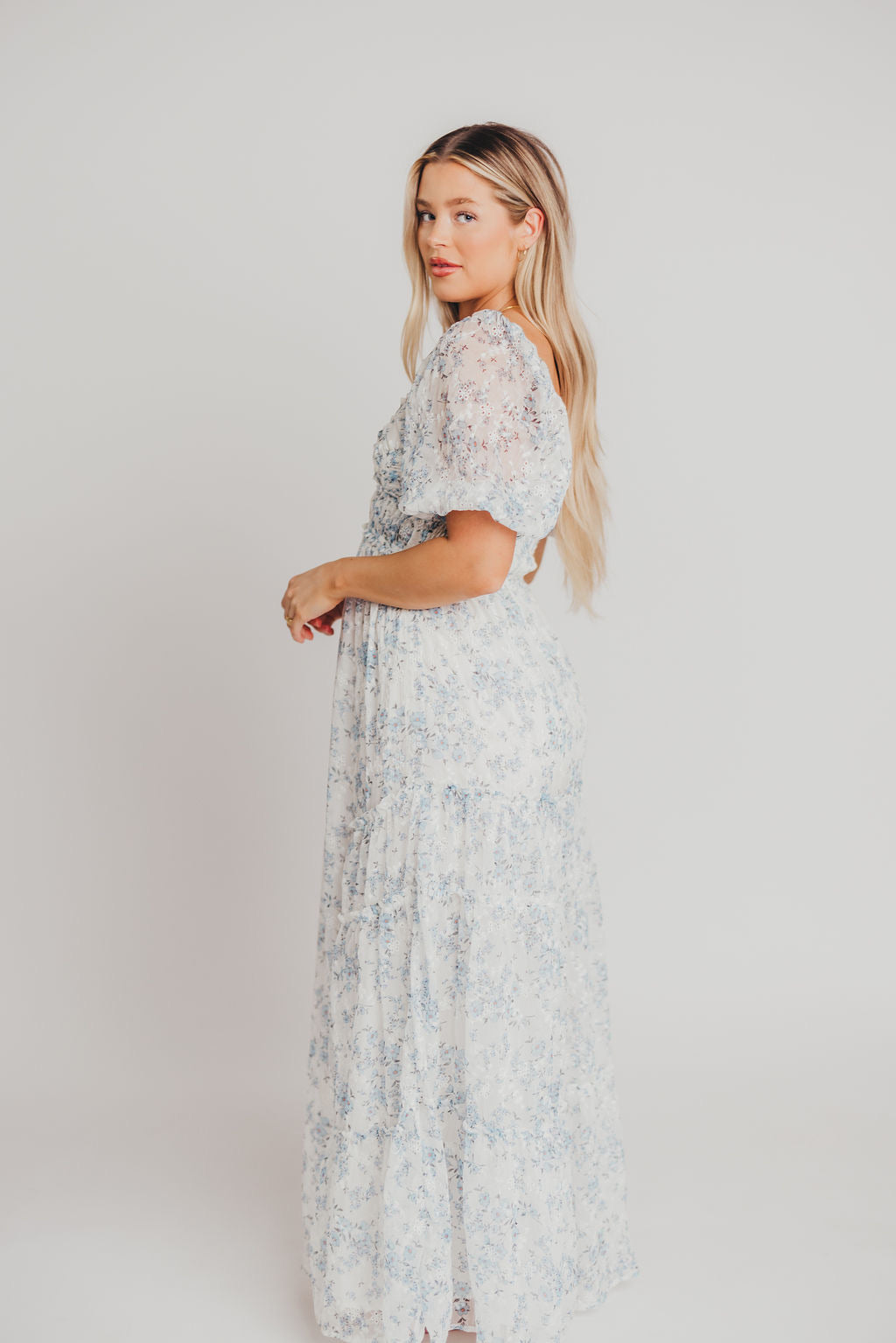 Daphne High Slit Eyelet Detail Maxi Dress in Blue and White Floral - Bump Friendly ✨SALE DRESS OF THE WEEK $20 OFF✨ Inclusive Sizing (S-3XL)