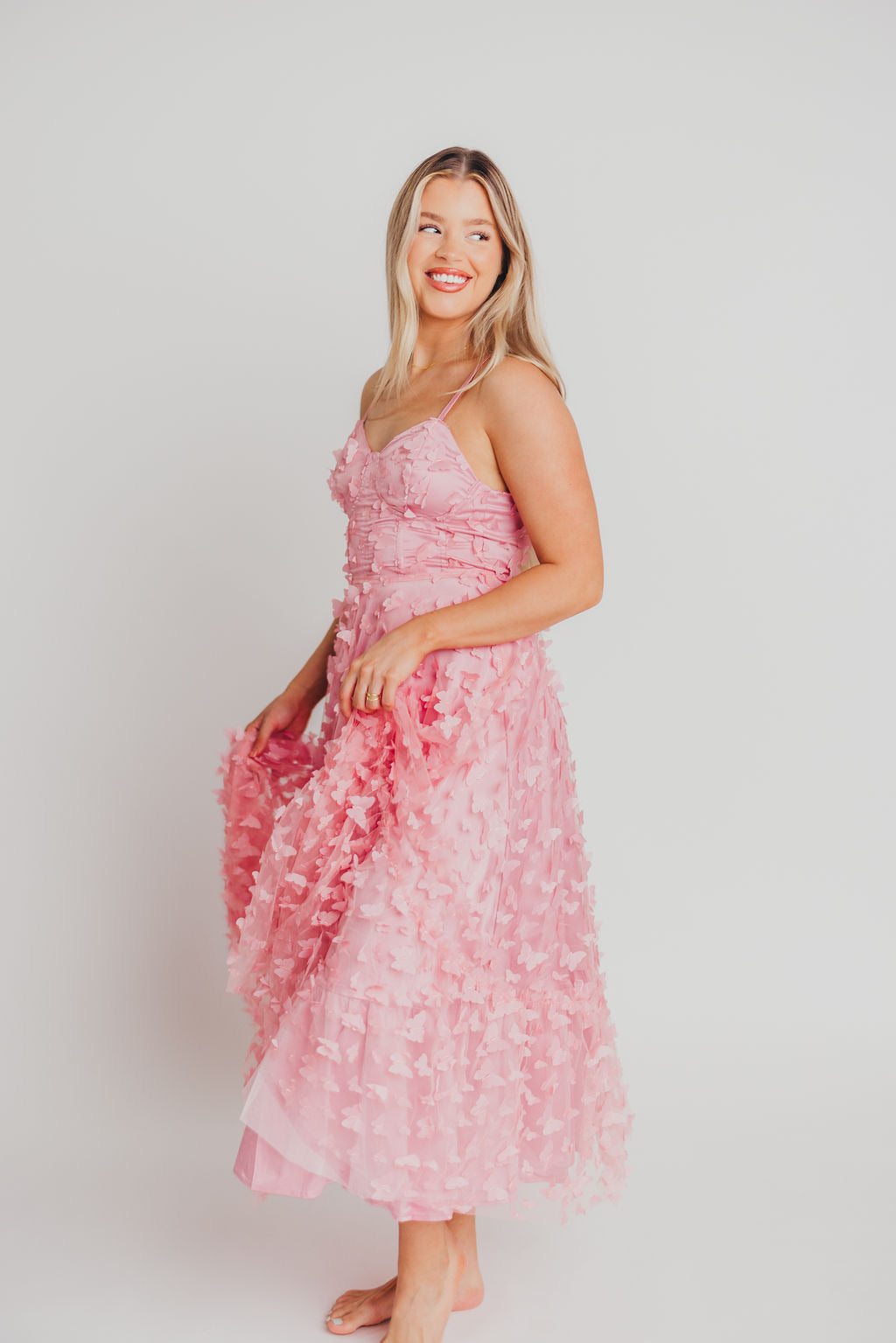 Reagan Butterfly Bustier Midi Dress in Pink - Bump Friendly
