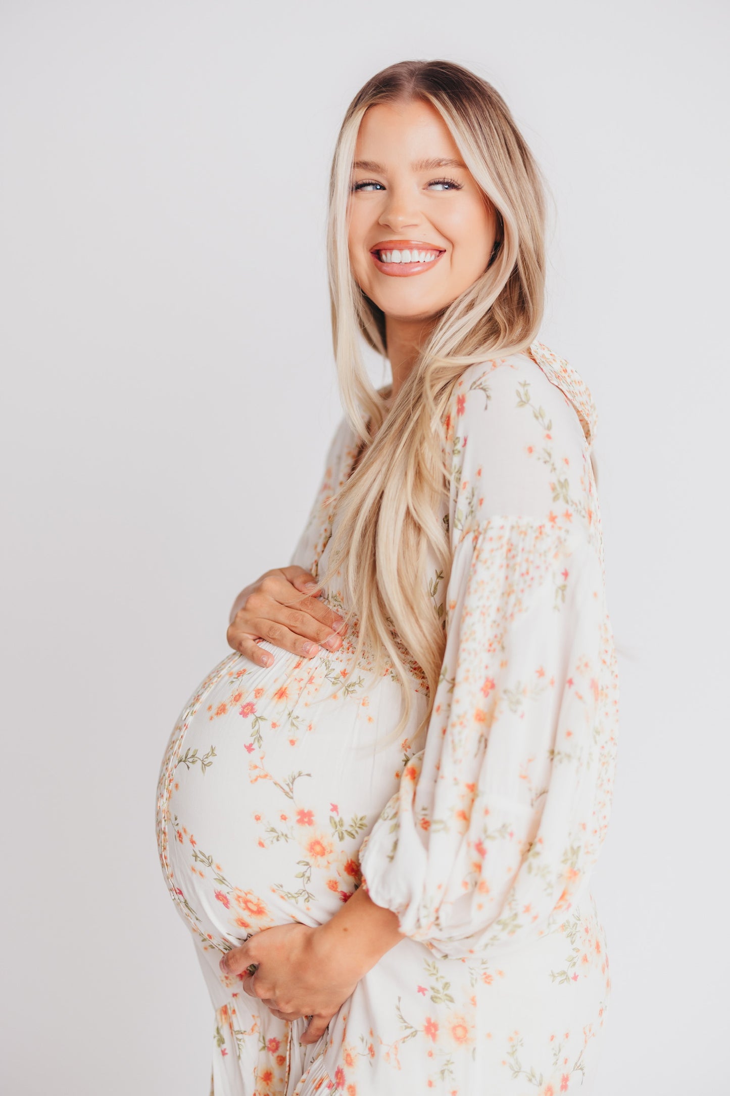 Madeline Button-Up Maxi Dress in Natural/Peach - Bump and Nursing Friendly