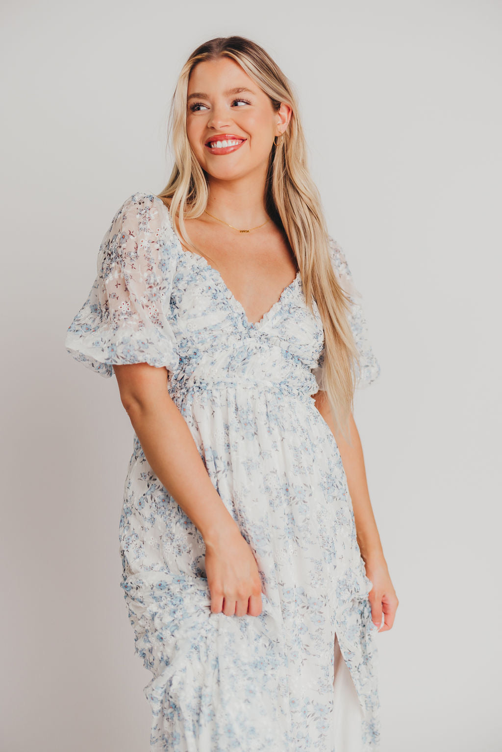 Daphne High Slit Eyelet Detail Maxi Dress in Blue and White Floral - Bump Friendly ✨SALE DRESS OF THE WEEK $20 OFF✨ Inclusive Sizing (S-3XL)