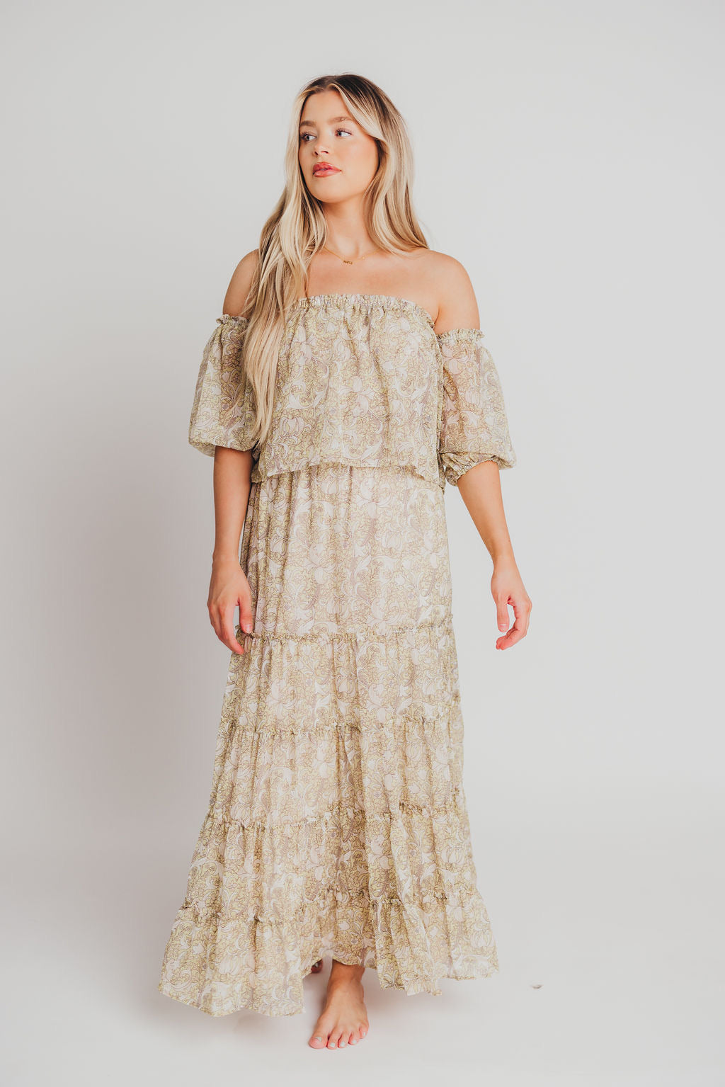 Vilde Off-the-Shoulder Maxi Dress in Lemon/Off White - Bump Friendly