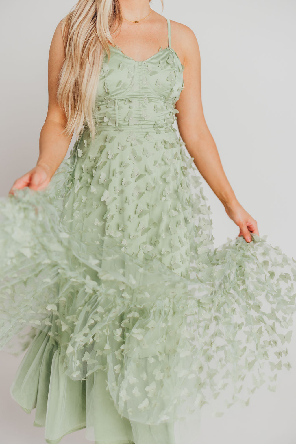 Reagan Butterfly Bustier Midi Dress in Sage