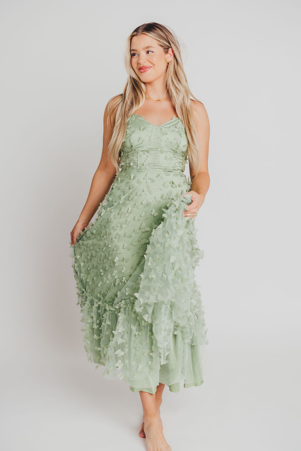 Reagan Butterfly Bustier Midi Dress in Sage