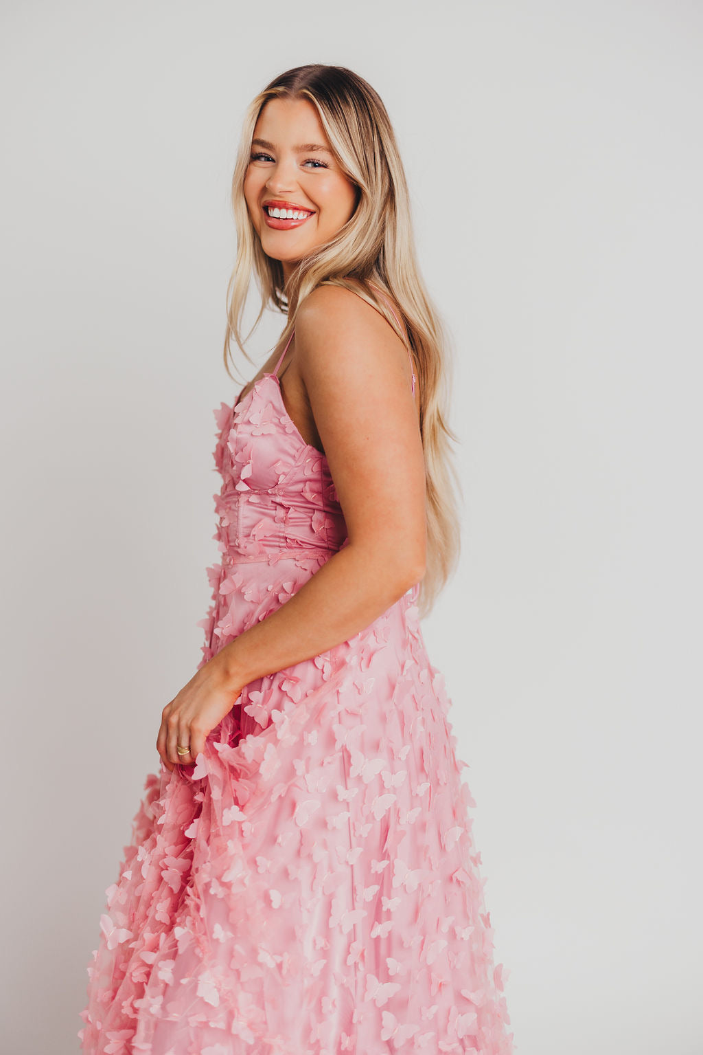 Reagan Butterfly Bustier Midi Dress in Pink - Bump Friendly