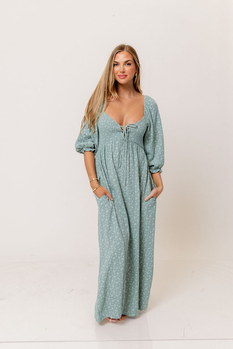 Cecilia 100% Cotton Smocked Maxi Dress in Aqua Foliage