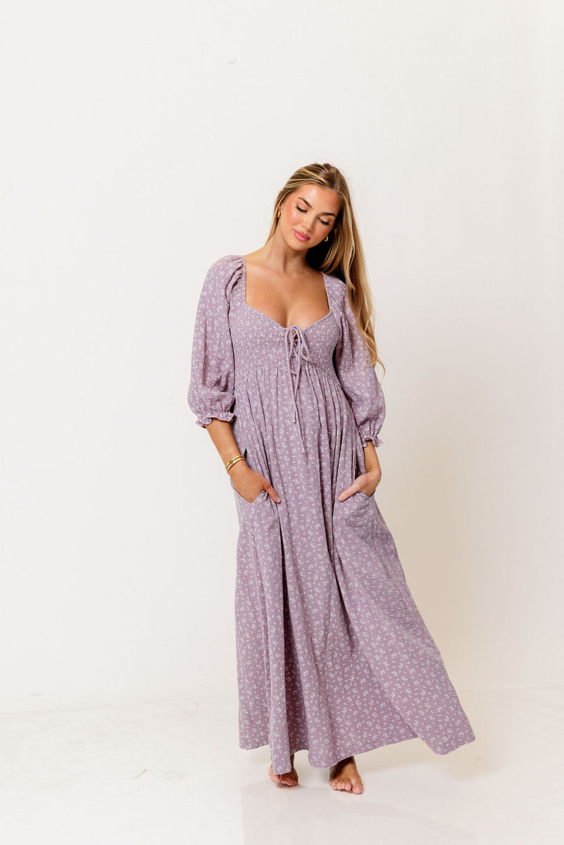 fitted lace wedding dress Cecilia 100% Cotton Smocked Maxi Dress in Wisteria Foliage