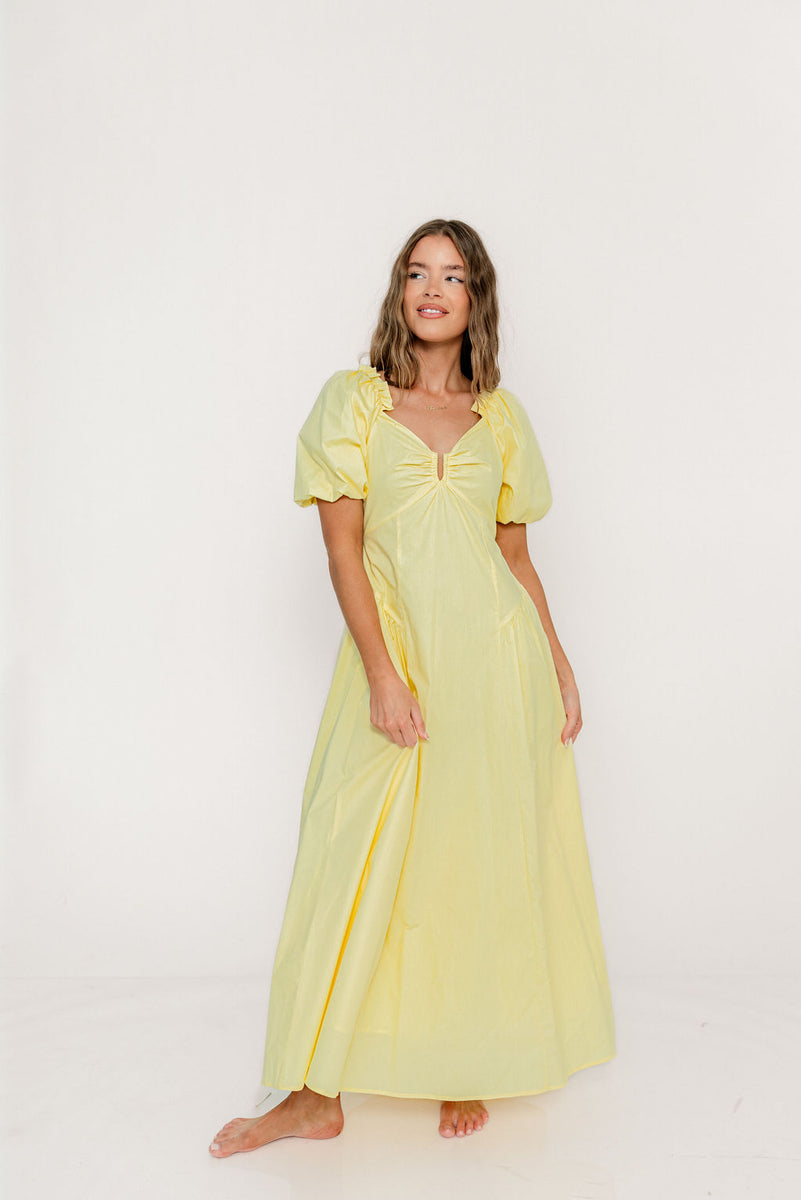 Skies Are Blue Sweetheart Neck Short Bubble Sleeve Poplin Maxi Dress, Womens, XS, Butter Yellow