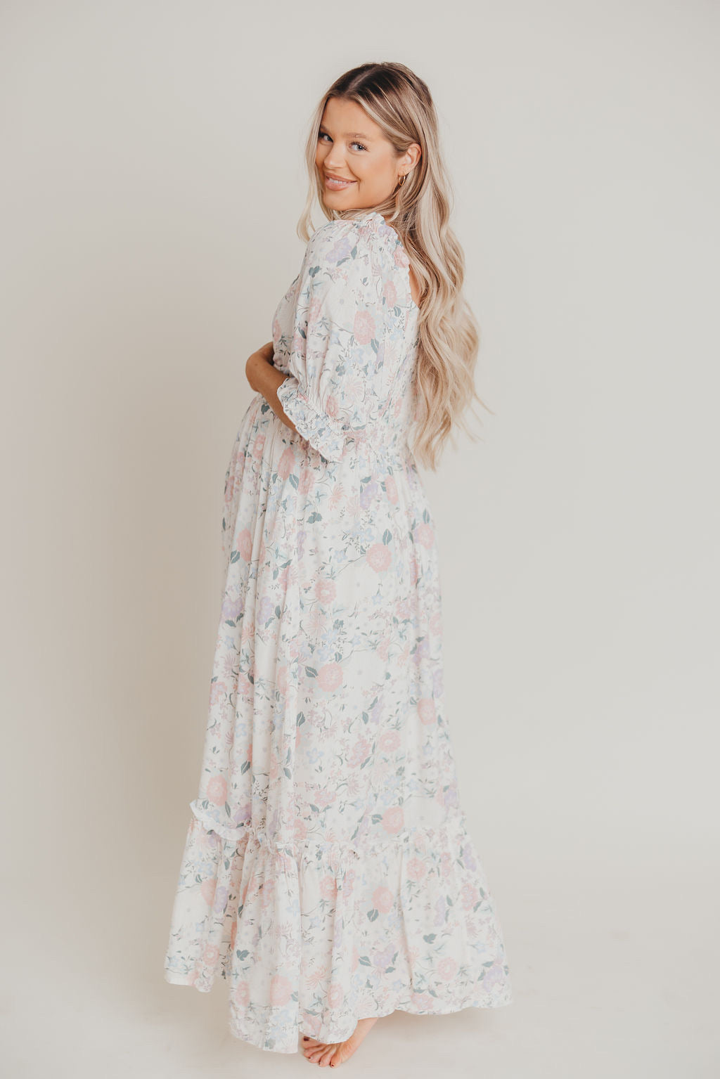 Sorrento Ruffled Maxi Dress in Cream Floral - Bump Friendly
