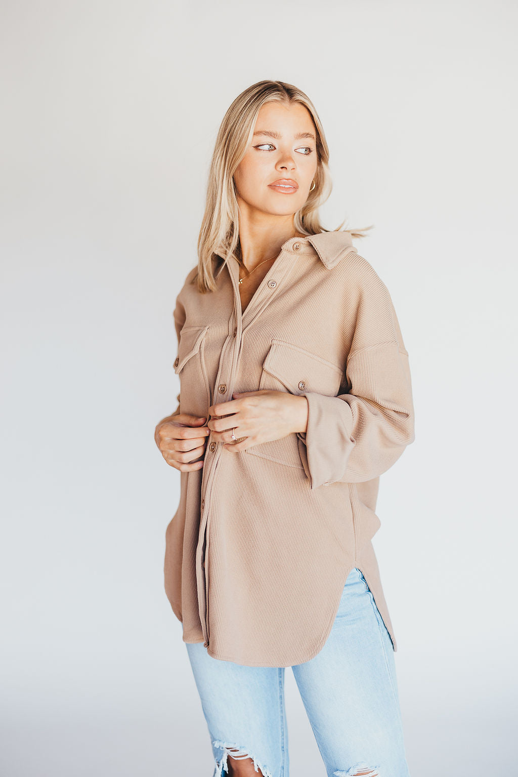 Soft and Lofty Corduroy Shirt Jacket in Camel