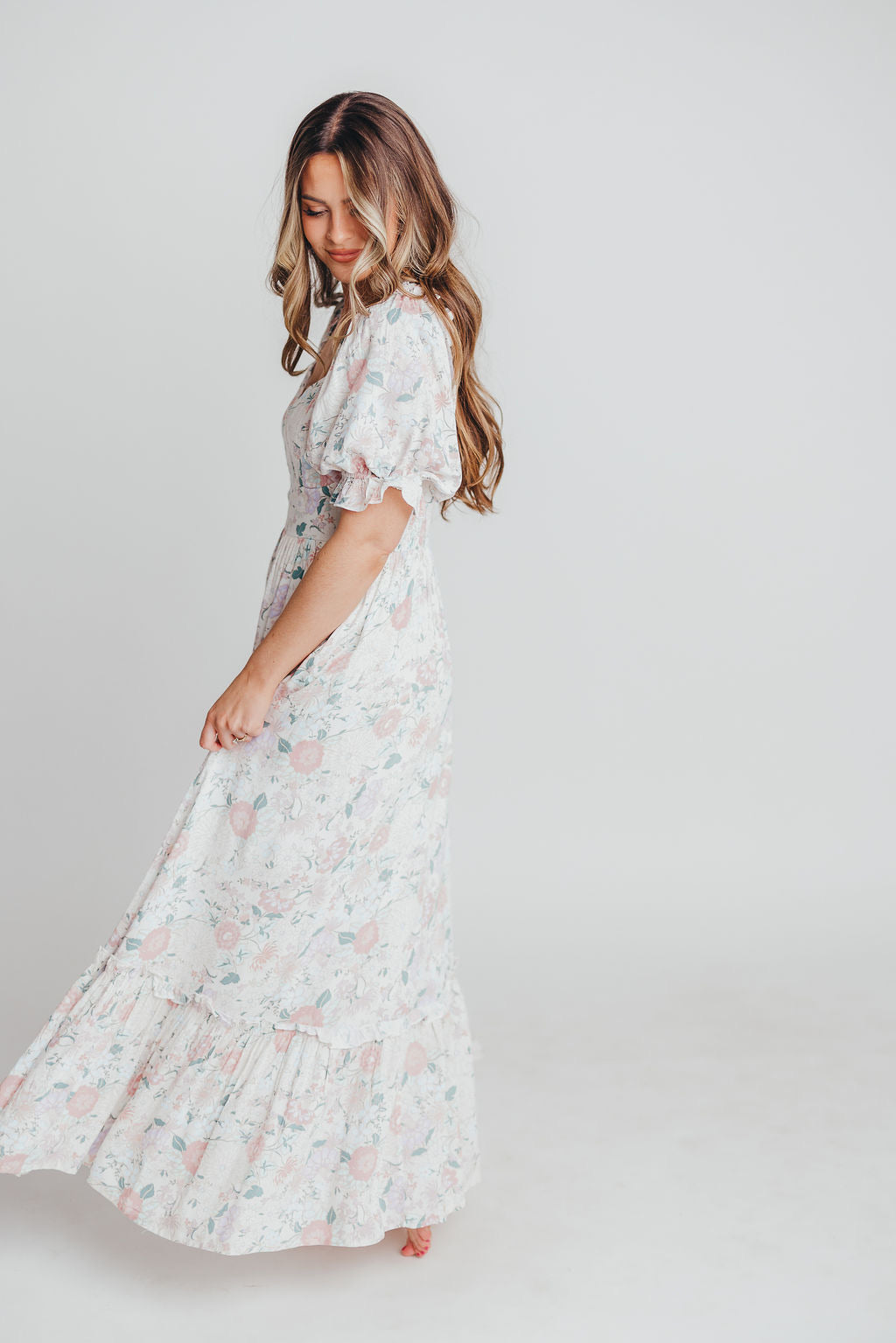 Sorrento Ruffled Maxi Dress in Cream Floral - Bump Friendly