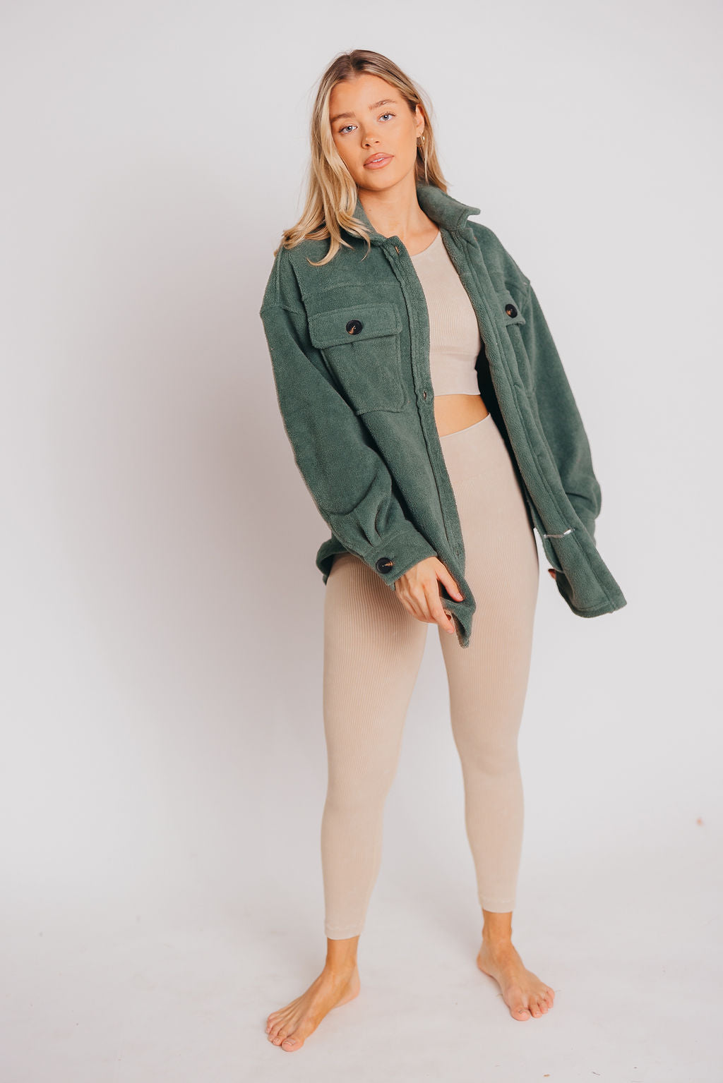 Premium Worth Collective Teddy Shacket in Evergreen