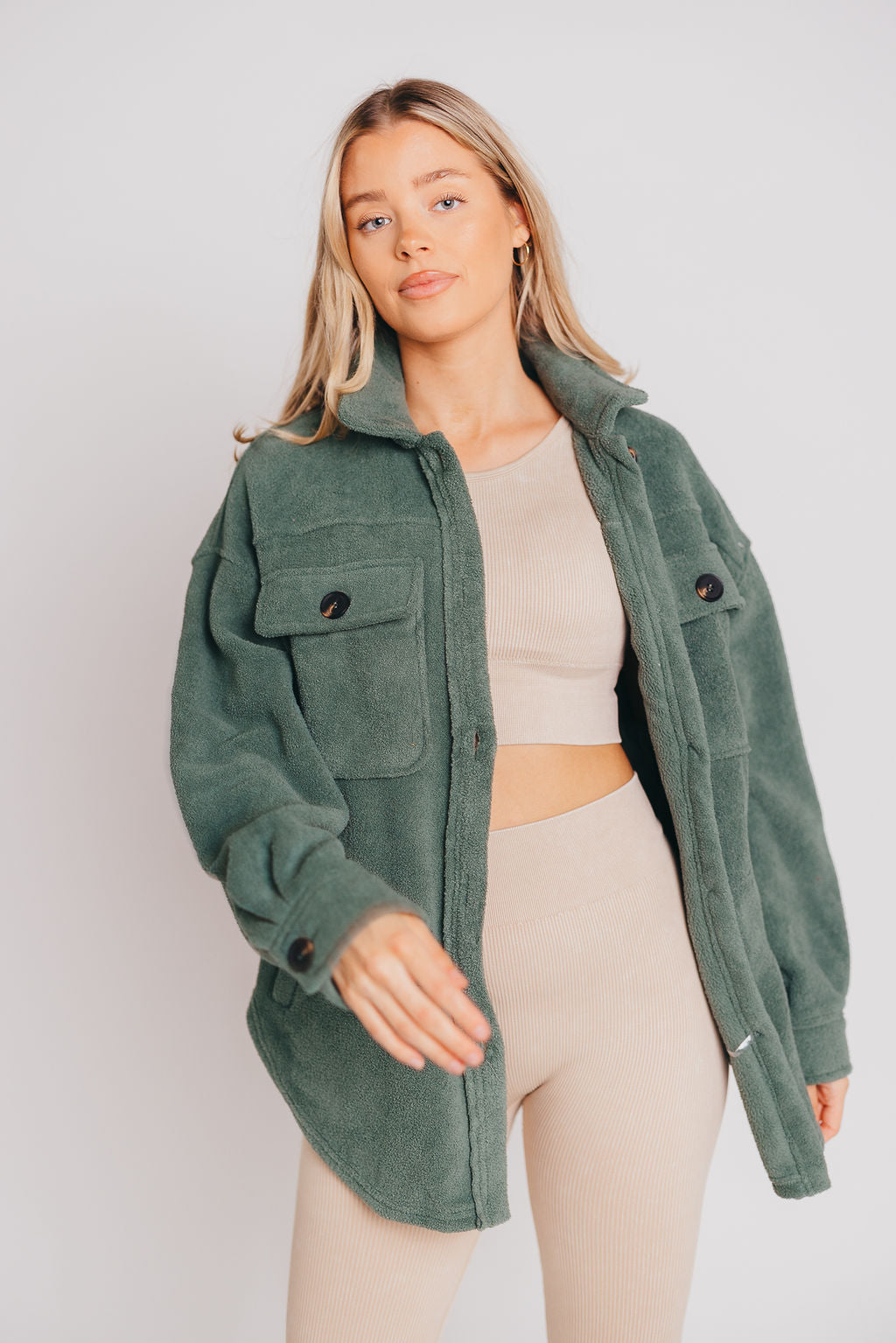 Premium Worth Collective Teddy Shacket in Evergreen