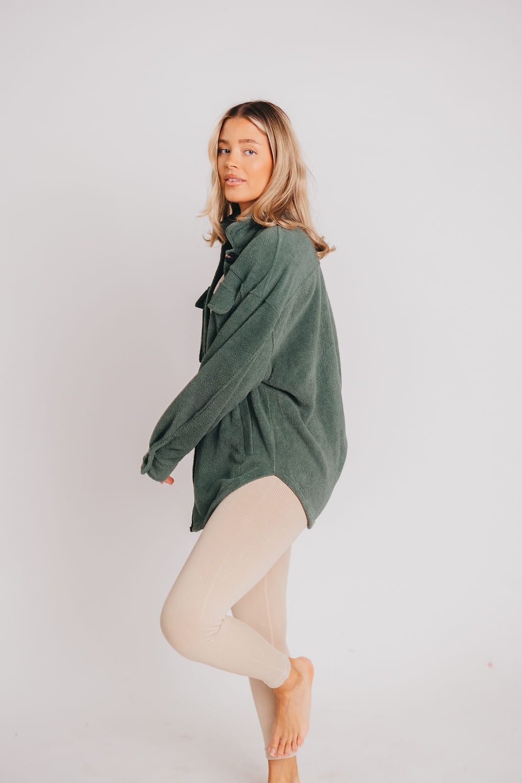 Premium Worth Collective Teddy Shacket in Evergreen