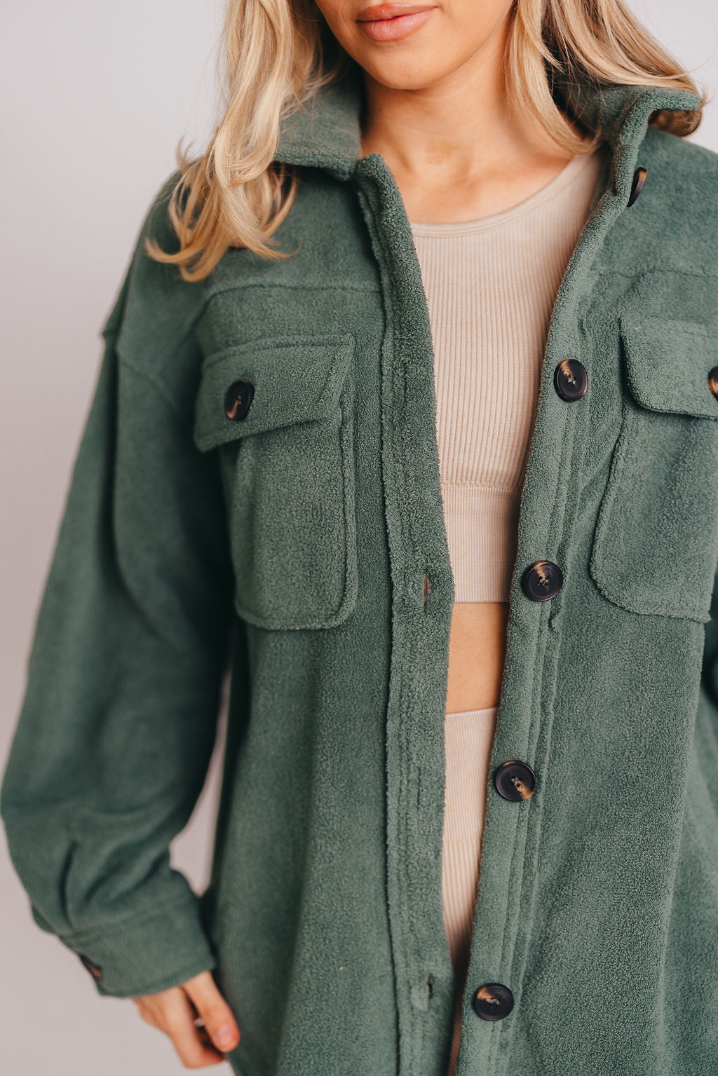 Premium Worth Collective Teddy Shacket in Evergreen