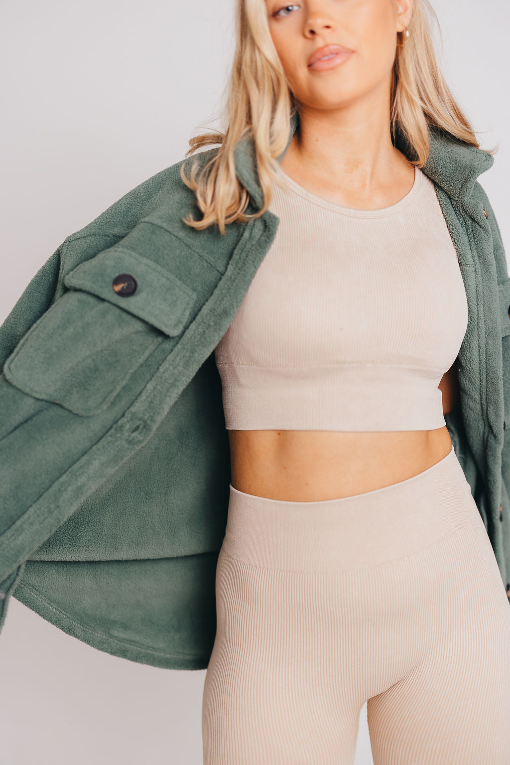 Premium Worth Collective Teddy Shacket in Evergreen