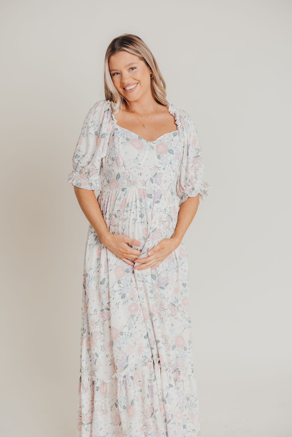 Sorrento Ruffled Maxi Dress in Cream Floral - Bump Friendly