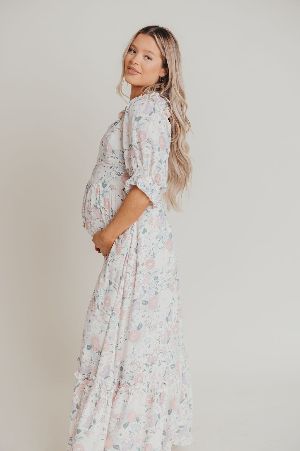Sorrento Ruffled Maxi Dress in Cream Floral - Bump Friendly