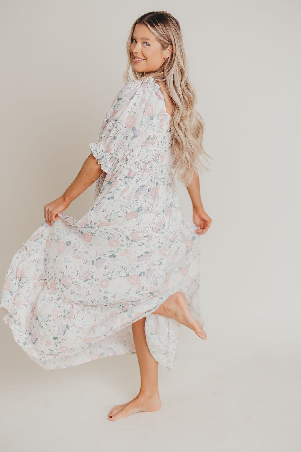 Sorrento Ruffled Maxi Dress in Cream Floral - Bump Friendly