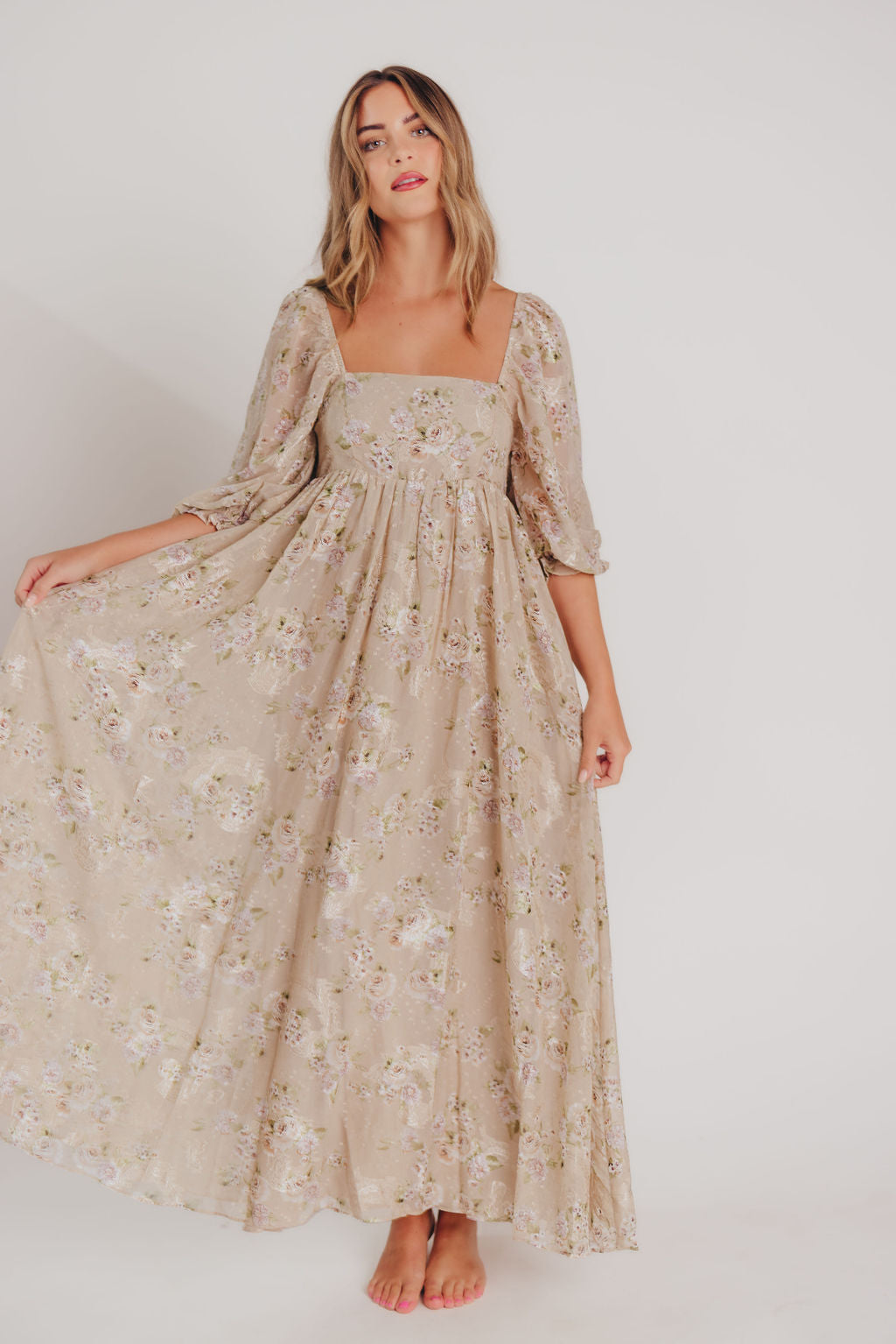 Mona Maxi Dress in Beige/Brown Floral - Bump Friendly - Inclusive Sizing (S-2X) *LOW QUANTITIES