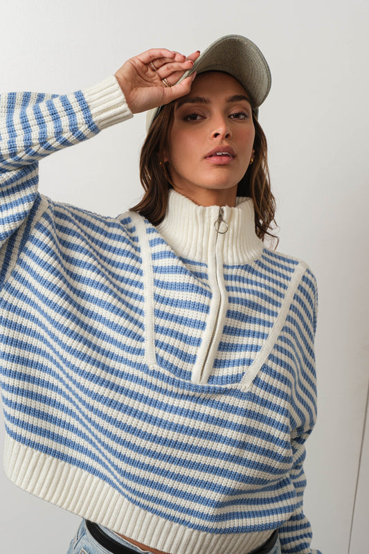 Hazel Half-Zip Striped Sweater in Blue