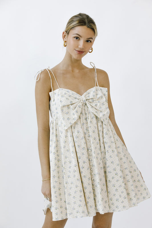 Irelyn Babydoll Mini Dress with Bow Accent in Cream/Blue Floral & Polka Dot