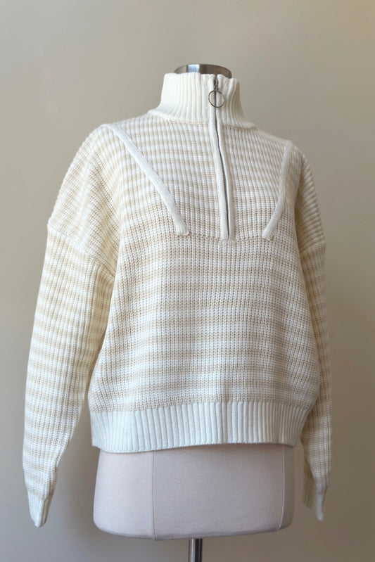 Hazel Half-Zip Striped Sweater in Ecru