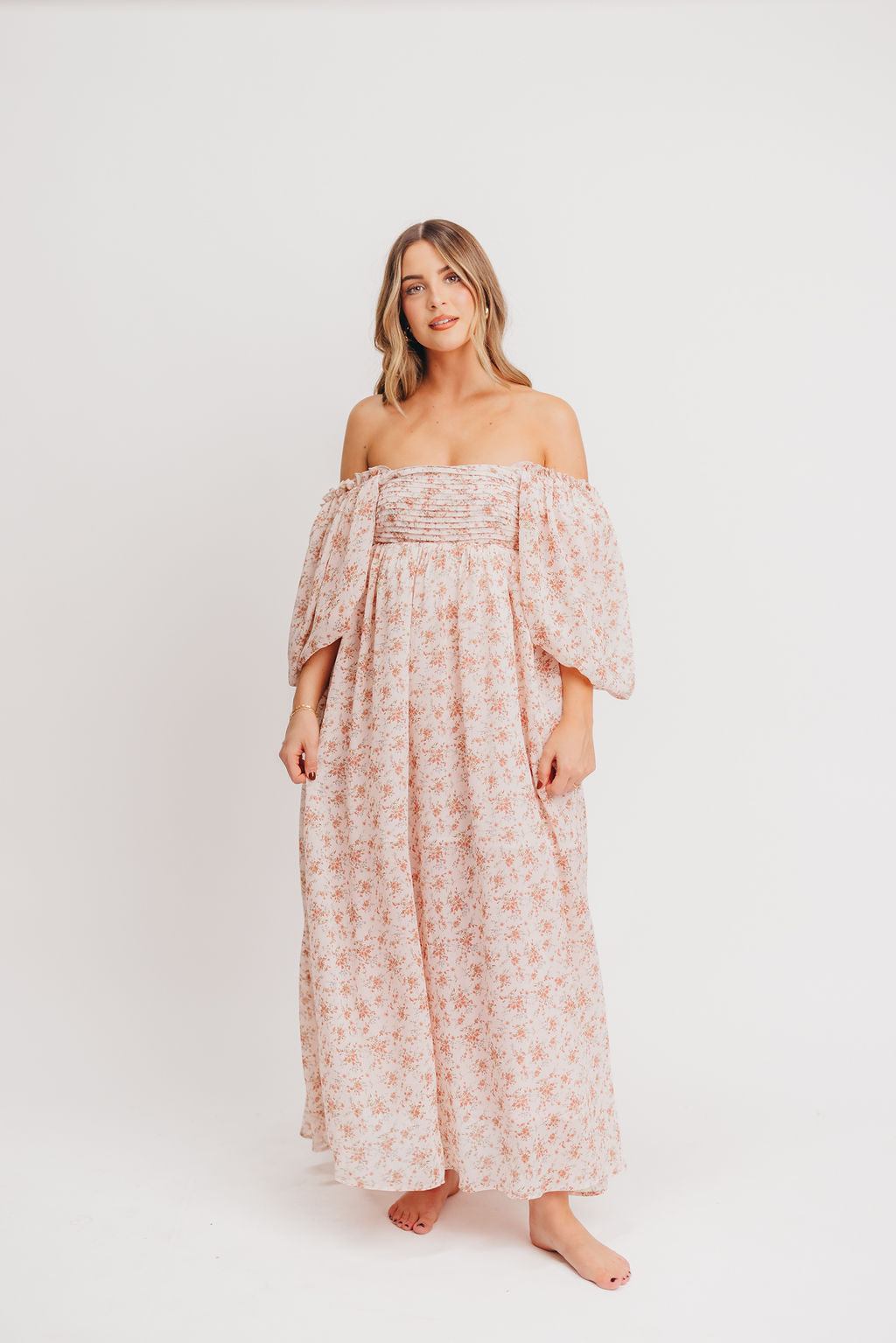 Melody Maxi Dress with Pleats and Bow Detail in Winter Blush - Bump Friendly & Inclusive Sizing (S-3XL)