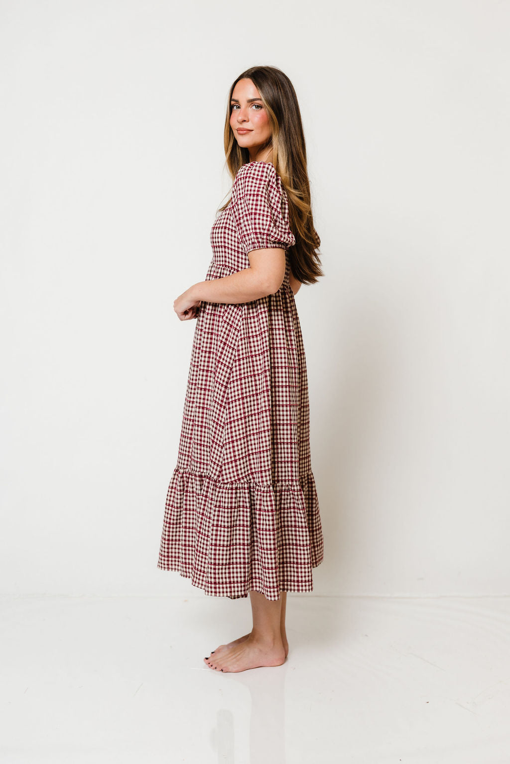 Maple Field Gingham Babydoll Midi Dress in Burgundy, styled view
