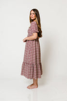 Maple Field Gingham Babydoll Midi Dress in Burgundy, styled view