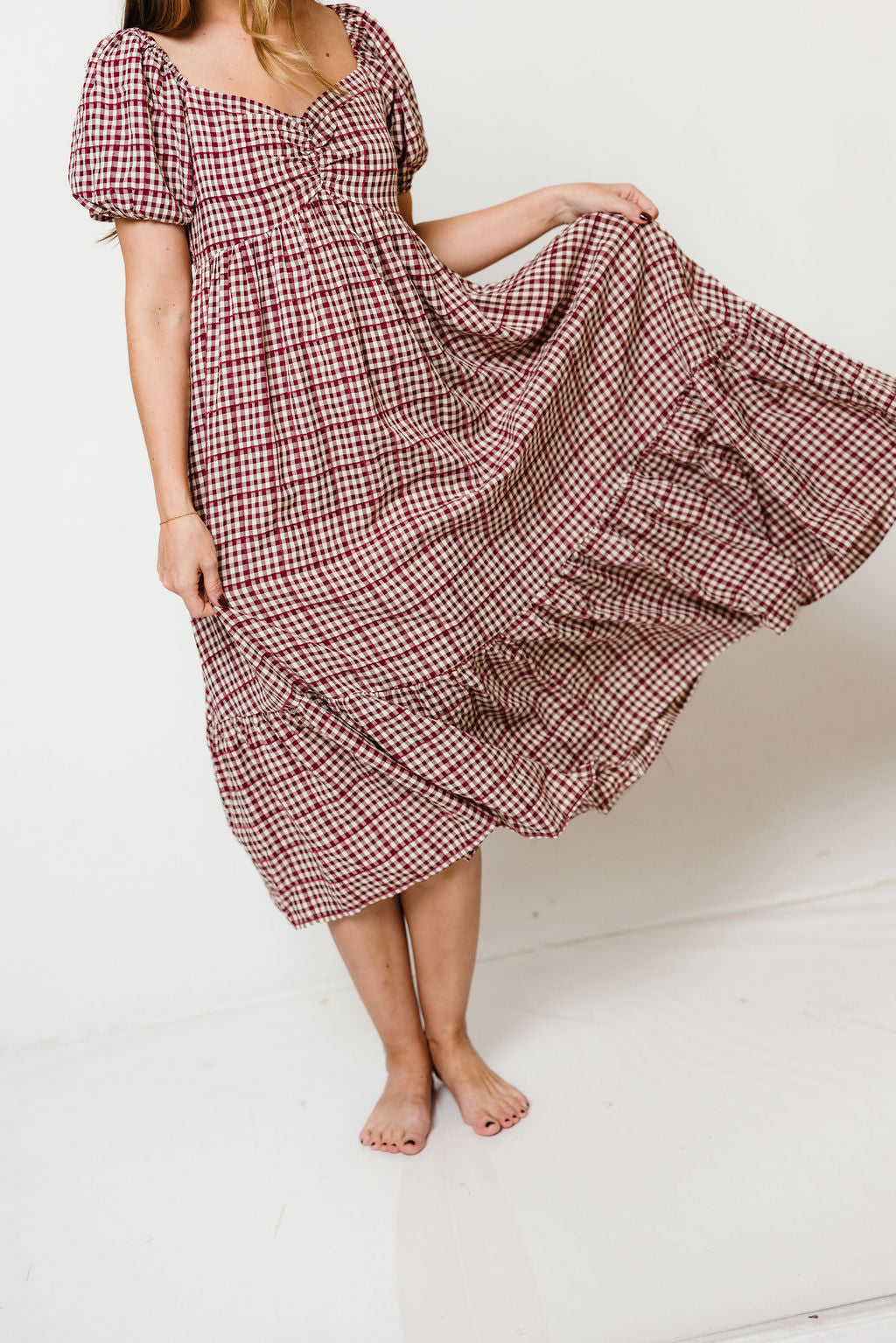 Maple Field Gingham Babydoll Midi Dress in Burgundy, side view