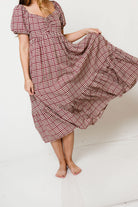 Maple Field Gingham Babydoll Midi Dress in Burgundy, side view