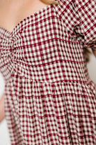 Maple Field Gingham Babydoll Midi Dress in Burgundy, close view